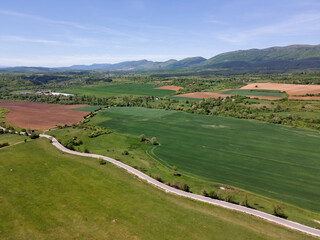 Spring Aerial view of rural land near town of Godech, Bulgaria