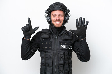 Brazilian soldier man isolated on white background counting seven with fingers