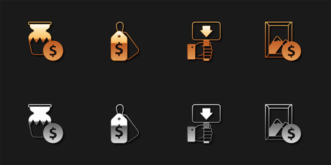 Set Auction ancient vase, Price tag with Sale, Hand holding auction paddle and painting icon. Vector