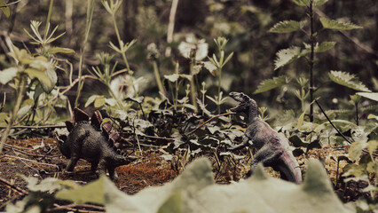 Confrontation between two dinosaurs in the wilderness. Staging of a rivalry between two Jurassic species, including the
tyrannosaurus rex