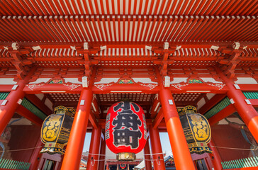 浅草　東京浅草　浅草寺　青空　赤