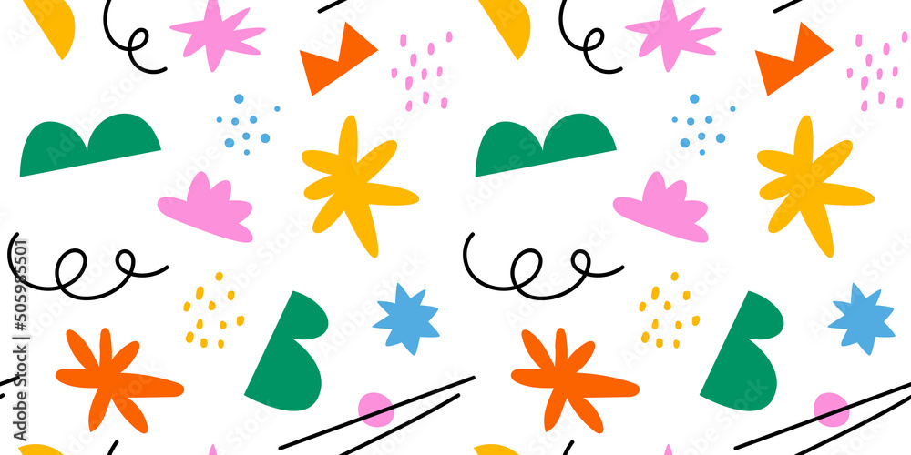 Poster abstract organic shape seamless pattern with colorful geometric doodles. flat cartoon background, si