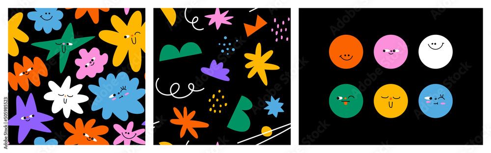Poster set of colorful abstract shape cartoon character pattern illustration. trendy 90s style funny art ba