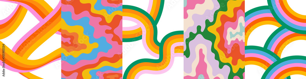 Aufkleber abstract psychedelic tie dye illustration set with colorful lsd trippy shapes in retro art style. 60