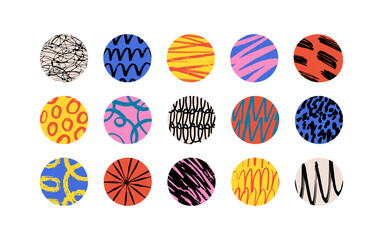 Set of colorful circle symbol with hand drawn texture on isolated background. Diverse round design bundle for social media post, textile swatch or print sample concept.
