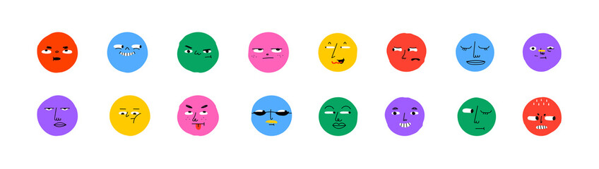 Colorful cartoon character face circle illustration set. Funny people faces doing diverse gesture and mood expression in trendy cartoon style. Social media reaction sticker, children drawing concept.