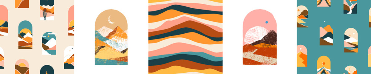 Set of trendy abstract mountain landscape view seamless pattern illustration. Vintage travel scenery environment background collection with diverse summer nature hill, desert dune and more.