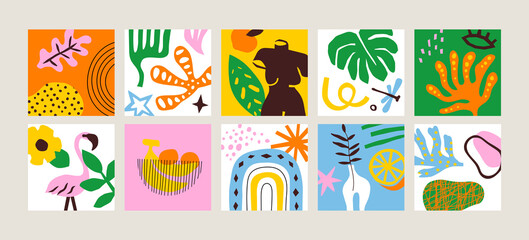 Fototapeta na wymiar Set of colorful abstract art banner collection. Big bundle of eye catching flat cartoon illustrations, simple basic freehand shapes. Childish artwork for children or cubism inspired project.