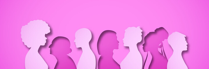 Pink women people group illustration in layered 3D paper cut style. Female team for women's issues or breast cancer awareness concept. Papercut design of diverse girls silhouette standing together. - obrazy, fototapety, plakaty