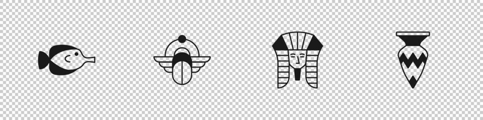 Set Butterfly fish, Egyptian Scarab, pharaoh and vase icon. Vector