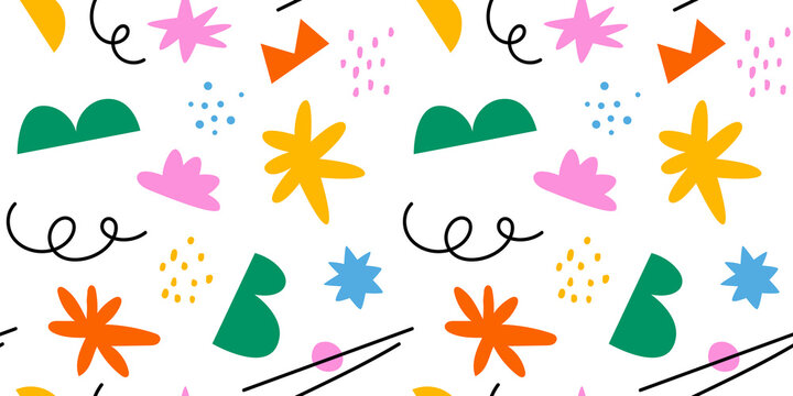 Abstract organic shape seamless pattern with colorful geometric doodles. Flat cartoon background, simple random shapes in bright childish colors. 