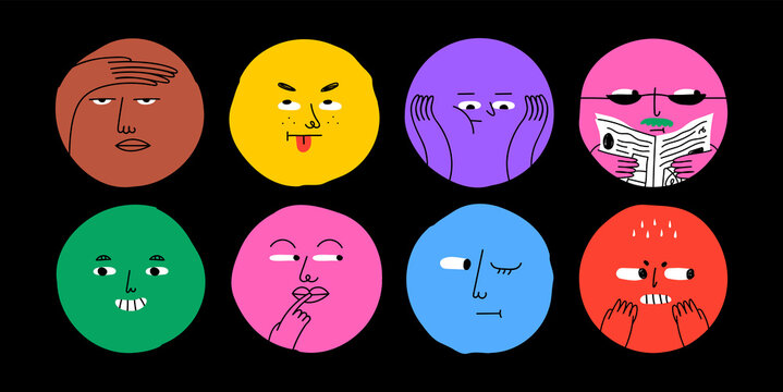 Naklejka Colorful cartoon character face circle illustration set. Funny people faces doing diverse gesture and mood expression in trendy cartoon style. Social media reaction sticker, children drawing concept.