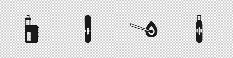 Set Vape mod device, Cigar, Burning match with fire and Electronic cigarette icon. Vector