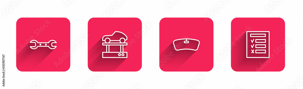 Sticker Set line Wrench spanner, Repair car on lift, Windshield and Car inspection with long shadow. Red square button. Vector