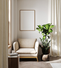 Blank poster frame mock up in scandinavian style living room interior, modern living room interior background, beige armchair and plant, 3d rendering - obrazy, fototapety, plakaty