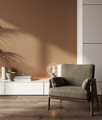 Interior wall mockup in beige tones with brown armchair on brown wall background.