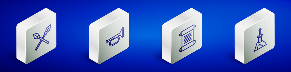 Set Isometric line Crossed medieval spears, Trumpet, Decree, parchment, scroll and Sword in the stone icon. Vector