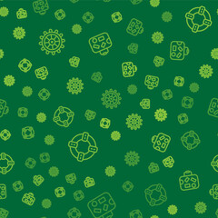 Set line Ship steering wheel, Lifebuoy and Suitcase on seamless pattern. Vector