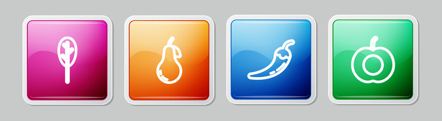 Set line Spinach, Pear, Hot chili pepper pod and Peach fruit. Colorful square button. Vector