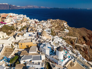 Fototapeta na wymiar Aerial view of Santorini island. Greek architecture with white buildings.