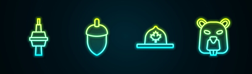 Set line TV CN Tower in Toronto, Acorn, Canadian ranger hat and Beaver animal. Glowing neon icon. Vector