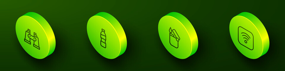 Set Isometric line Binoculars, Bottle of water, Lighter and Wi-Fi wireless internet icon. Vector