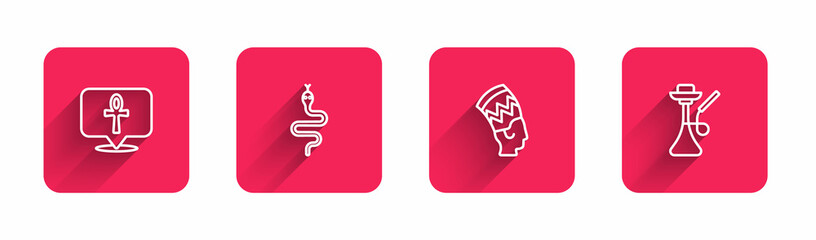 Set line Cross ankh, Snake, Nefertiti and Hookah with long shadow. Red square button. Vector