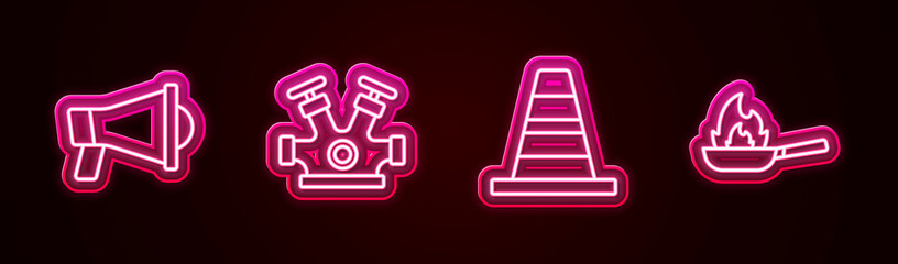 Set line Megaphone, Fire hydrant, Traffic cone and Pan with fire. Glowing neon icon. Vector