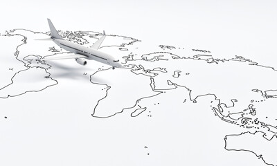 Plane flies above white paper map of the world travel background. Travel and wanderlust concept. 3D illustration rendering