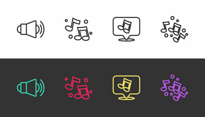 Set line Megaphone, Music note, tone, and on black and white. Vector