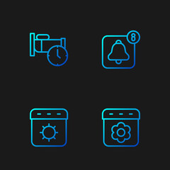 Set line Calendar spring, summer, Time to sleep and Alarm clock app mobile. Gradient color icons. Vector