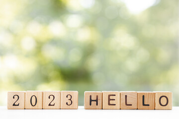 Hello 2023 alphabet letters decorate on wooden background