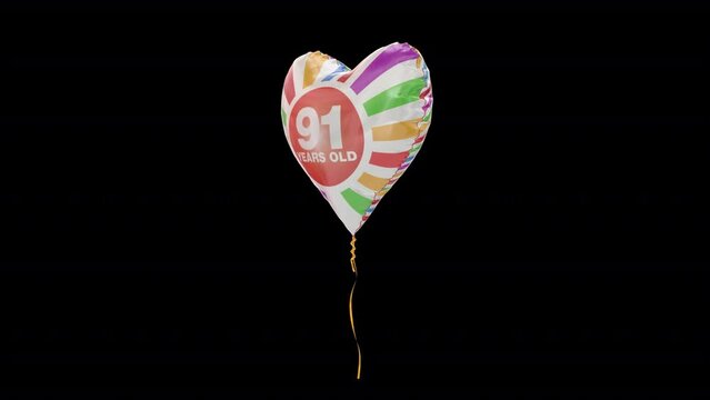 Birthday Celebration Helium Balloon. 91 Years Old. Loop Animation. Alpha Channel Prores 4444.