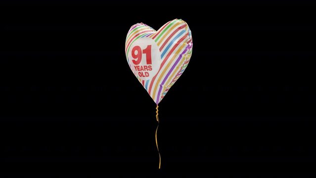 Birthday Helium Balloon. 91 Years Old. Loop Animation With Alpha Channel Prores 4444.