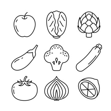 Fresh food icon set simple design, fresh vegetable and fruit drawing in black lines on white background.