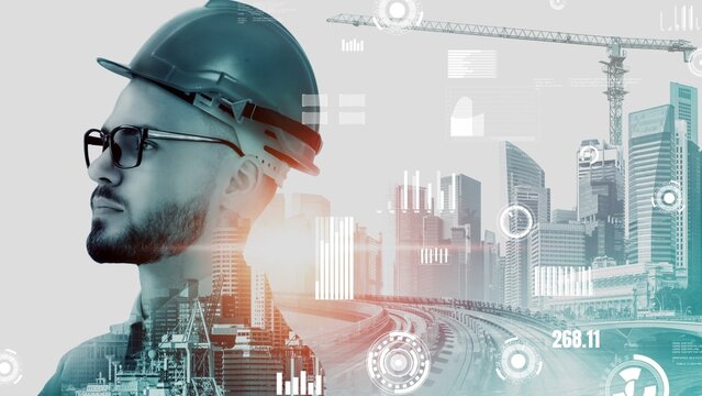 Future building construction and inventive engineering project concept with HUD hologram graphic design. Building engineer, architect people or construction worker works with modern civil technology.