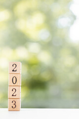 Year 2023 in wooden toy blocks and light green background. Number in cubes concept of the year 2023.