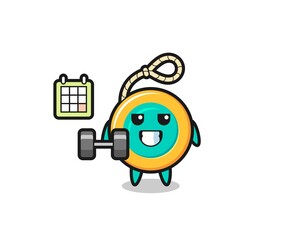 yoyo mascot cartoon doing fitness with dumbbell