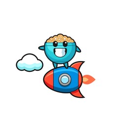 cereal bowl mascot character riding a rocket