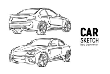 Hand drawn sketch car vector set. Three-quarter view and half-turn view. Sedan car. Pencil design.