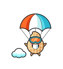 peanut mascot cartoon is skydiving with happy gesture