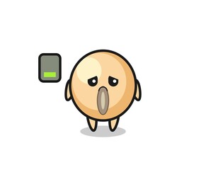 soy bean mascot character doing a tired gesture