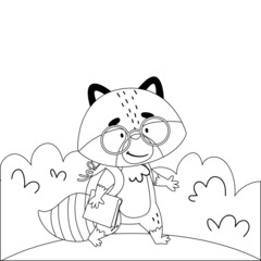 Raccoon goes to school with a backpack and textbook. Drawn in black and white style. Vector illustration for designs, prints and patterns. Isolated on white background