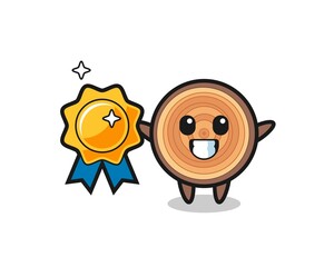 wood grain mascot illustration holding a golden badge