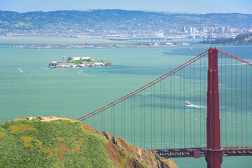 Overlooking the Golden Gate Bridge with Alcatraz in the background from the Marin Headlands in Northern California. 