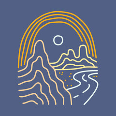 Mountains mono line with river graphic illustration vector art t-shirt design