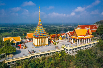 Naklejka premium Aerial view of Wat Sangkat Rattana Khiri temple in Uthai Thani, Thailand