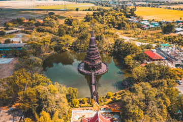 Aerial view of Wat Huai Kaeo or Wat Huay Kaew pagoda temple in Lopburi,Thailand