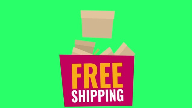 Animation yellow text FREE SHIPPING isolate on green background.