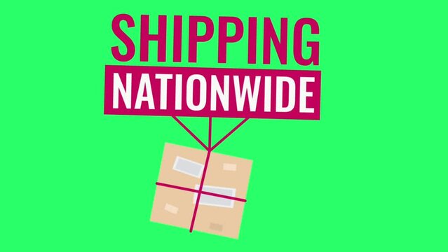 Animation red text SHIPPING NATIONWIDE isolate on green background.